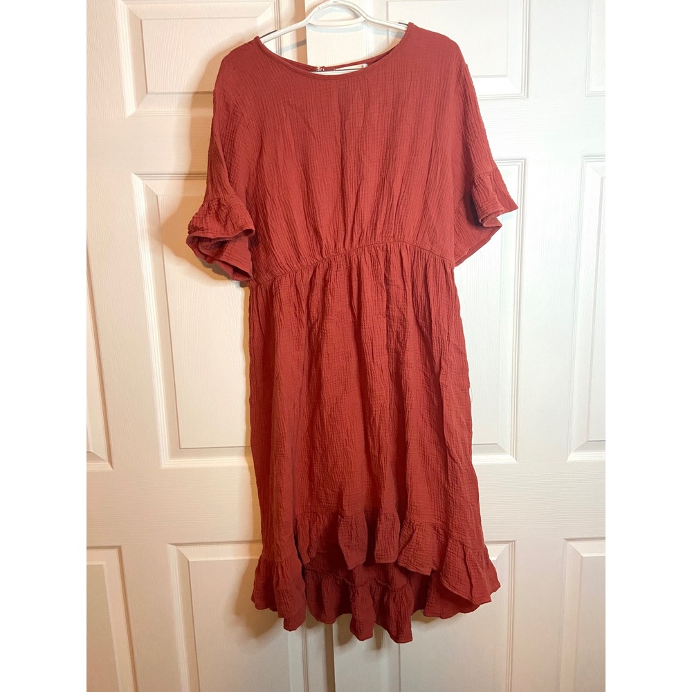 Haha Mama Rust Orange Cotton Gauze Ruffle High Low Midi Dress Women 2XL